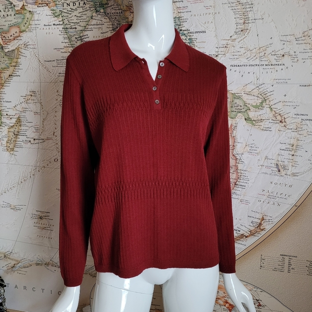 Talbots burgundy deep red collar light knit wool polo sweater preppy office S